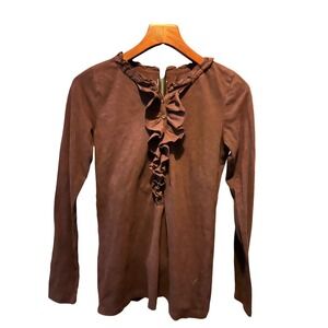 Ann Taylor LOFT Womens Brown Ruffle Front Long Sleeve Knit Top Small